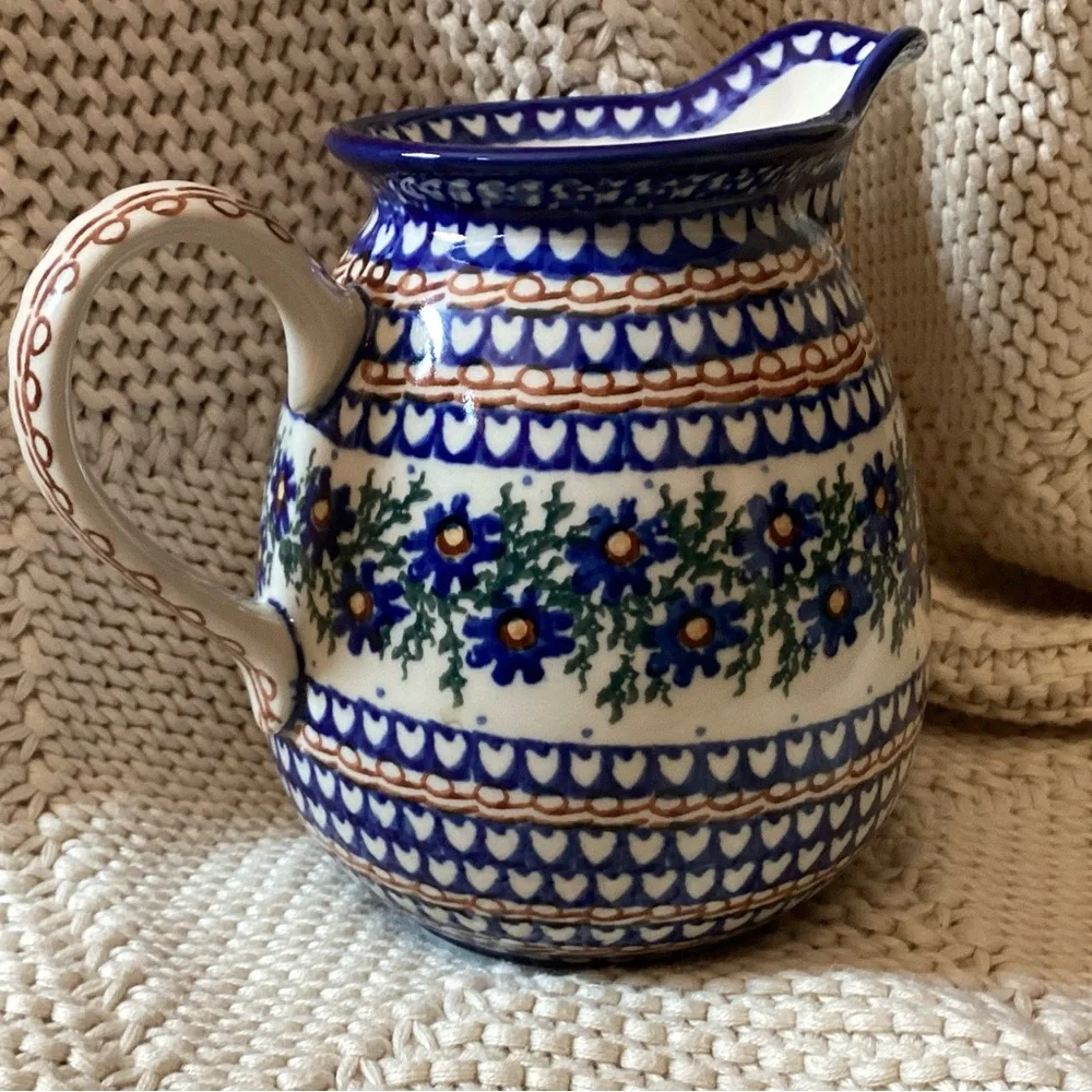 Polish Pottery Hand Painted Blue Design  Pitcher 6.5” 1 Quart signed B. Fidelus